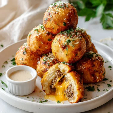 Garlic parmesan cheeseburger bombs on a white plate with one cut open showing melted cheese, ready to eat
