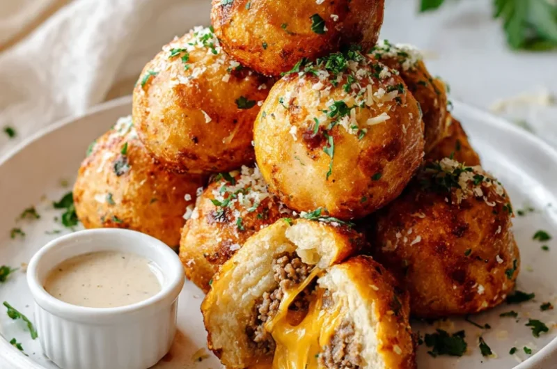 Garlic parmesan cheeseburger bombs on a white plate with one cut open showing melted cheese, ready to eat