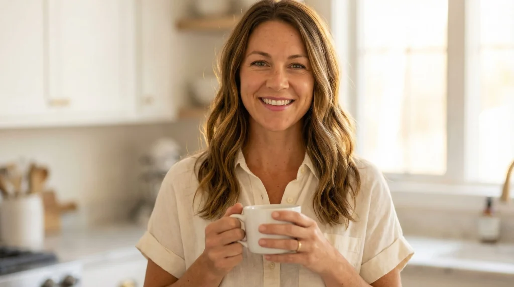Lora Clark, founder of Fresher Recipes, smiling and holding a coffee mug in her Austin Texas kitchen