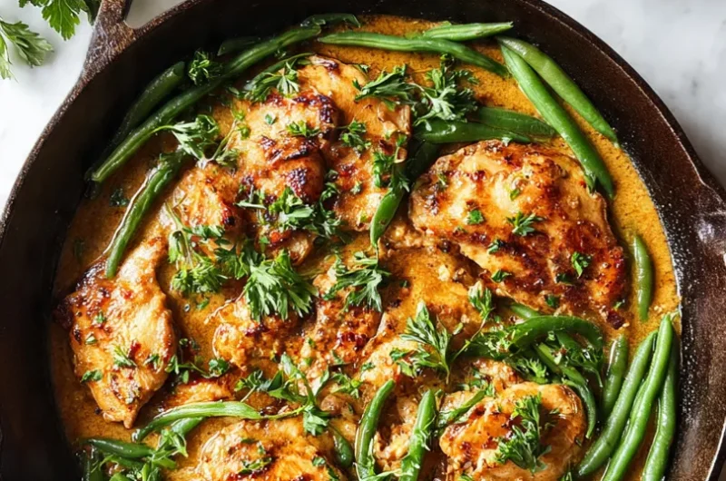 Extreme close up of juicy golden garlic butter chicken and vibrant green beans in a skillet