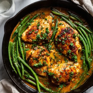 Close up of a cast iron skillet filled with garlic butter chicken and vibrant green beans