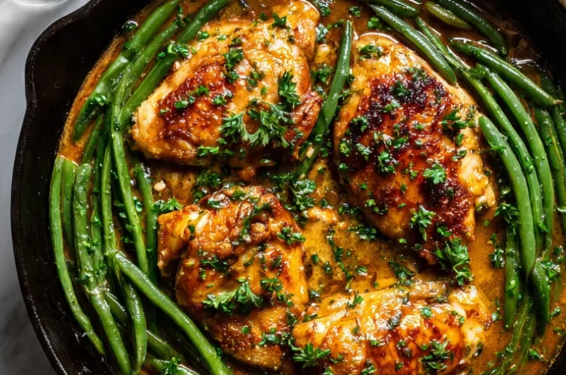 Close up of a cast iron skillet filled with garlic butter chicken and vibrant green beans
