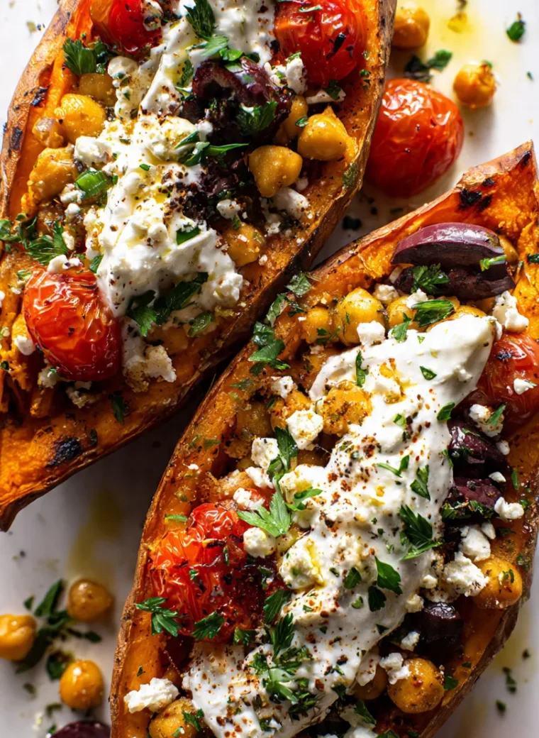 Two Mediterranean stuffed sweet potato boats loaded with chickpea filling, feta cheese, Greek yogurt, and fresh herbs on a white marble surface