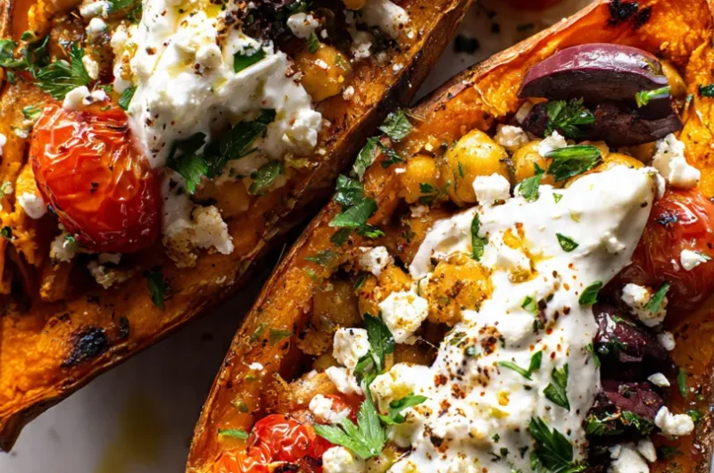 Two Mediterranean stuffed sweet potato boats loaded with chickpea filling, feta cheese, Greek yogurt, and fresh herbs on a white marble surface