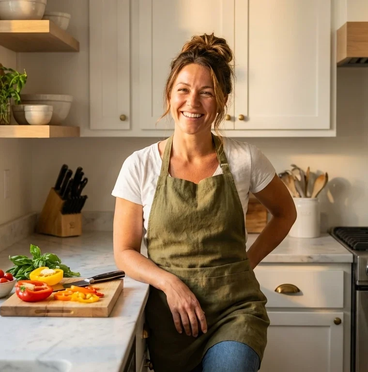 Lora Clark wearing an olive green apron leaning against her kitchen counter with a cutting board of fresh vegetables and herbs