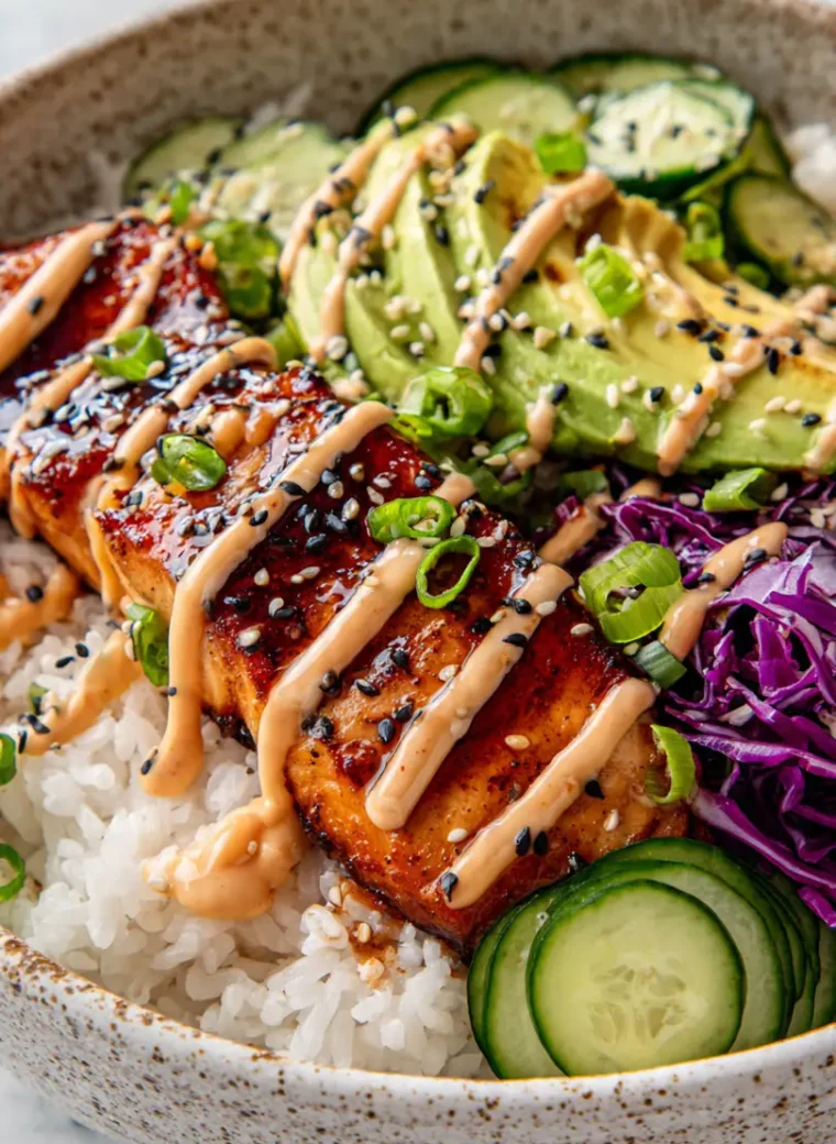 Extreme close up of a vibrant crispy salmon and rice bowl with glossy soy ginger glaze