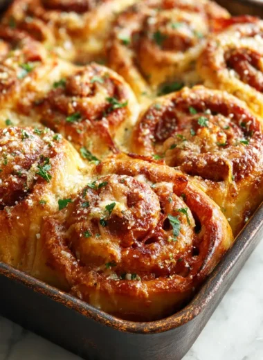 Close up of freshly baked pepperoni pizza rolls in a baking dish brushed with garlic butter