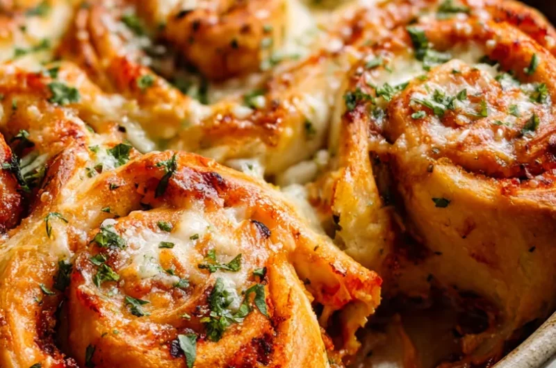 Extreme close up of cheesy pull apart pepperoni pizza rolls brushed with garlic butter