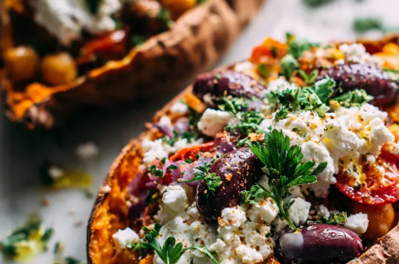 Vibrant close-up vertical shot of Mediterranean stuffed sweet potato boats overflowing with chickpea filling, feta, yogurt, and herbs