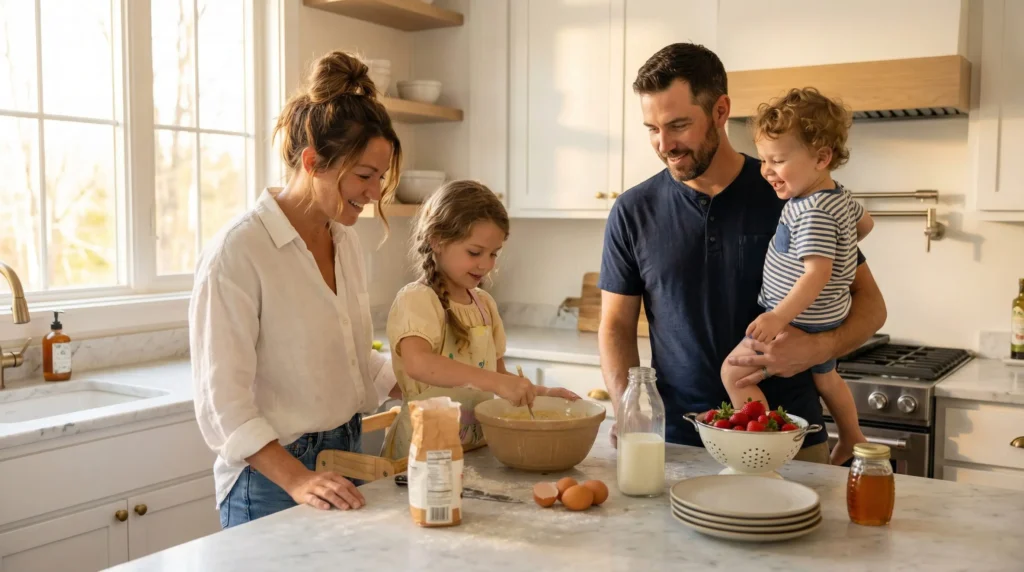Lora Clark cooking with her family in their kitchen as daughter Lily stirs batter while husband Jake holds their son Noah
