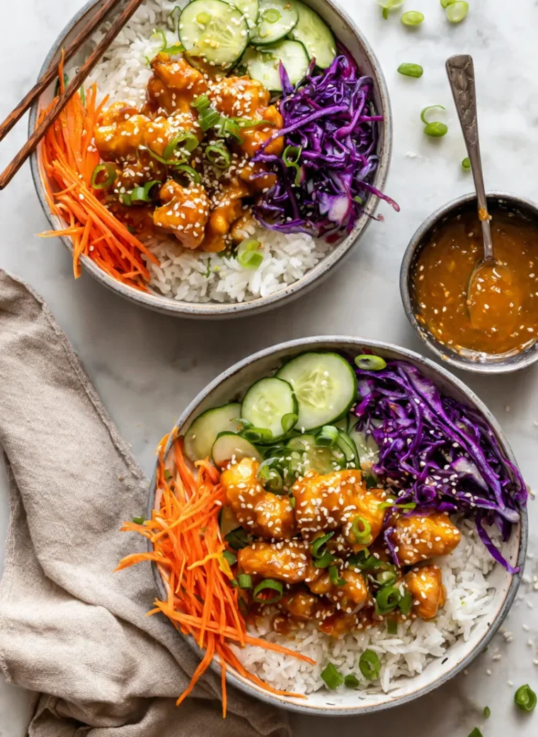 Overhead view of two assembled bang bang chicken bowls with crispy chicken, fresh vegetables, rice, and a side of extra sauce on a marble counter