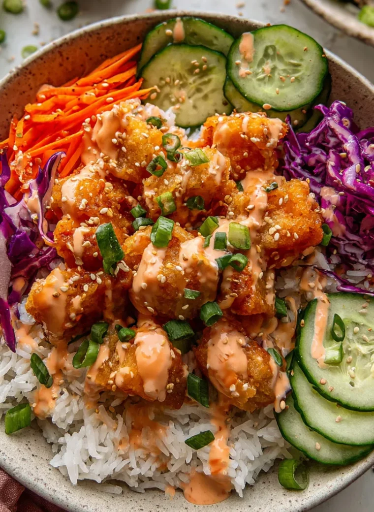 Bang bang chicken bowl with crispy sauced chicken, fluffy rice, cucumber, carrots, purple cabbage, and sesame seeds in a wide ceramic bowl