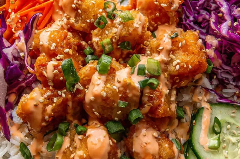 Bang bang chicken bowl with crispy sauced chicken, fluffy rice, cucumber, carrots, purple cabbage, and sesame seeds in a wide ceramic bowl