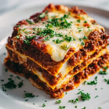 A cheesy slice of Carnivore Lasagna with meat layers on a white plate over marble.