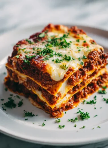 A cheesy slice of Carnivore Lasagna with meat layers on a white plate over marble.