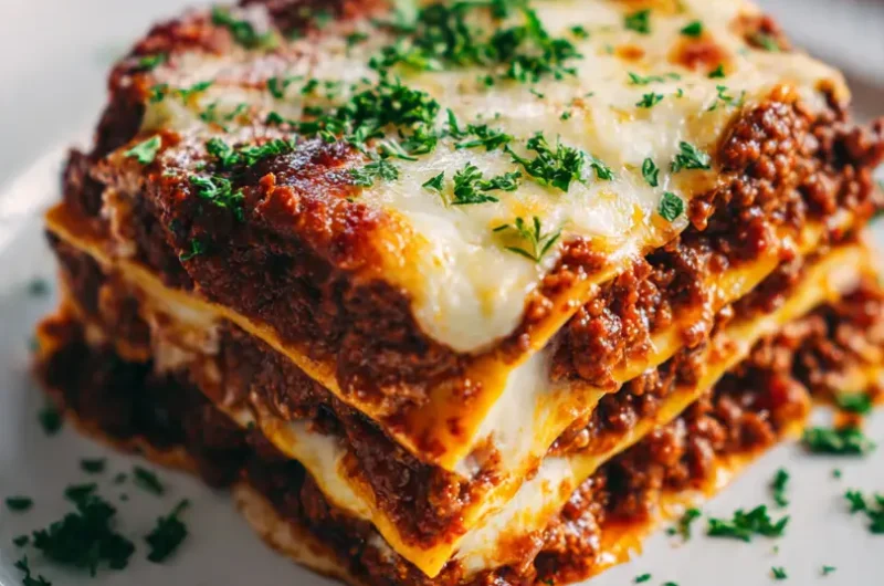 A cheesy slice of Carnivore Lasagna with meat layers on a white plate over marble.