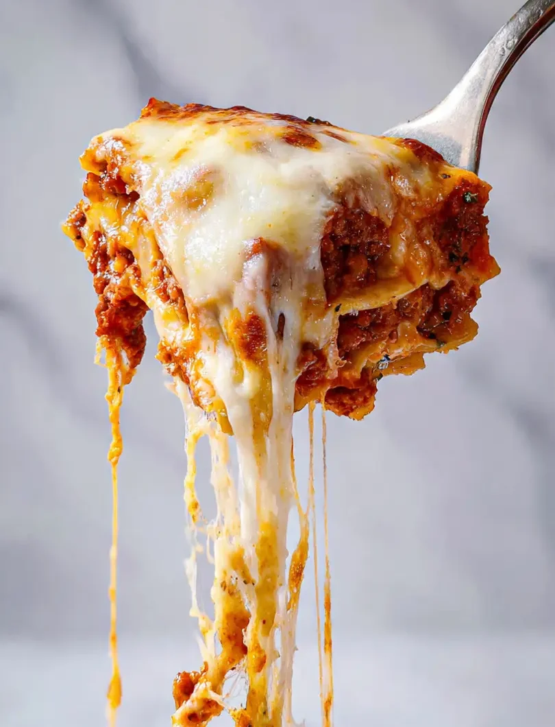 Extreme close up of a cheese pull from a meat-heavy carnivore lasagna.