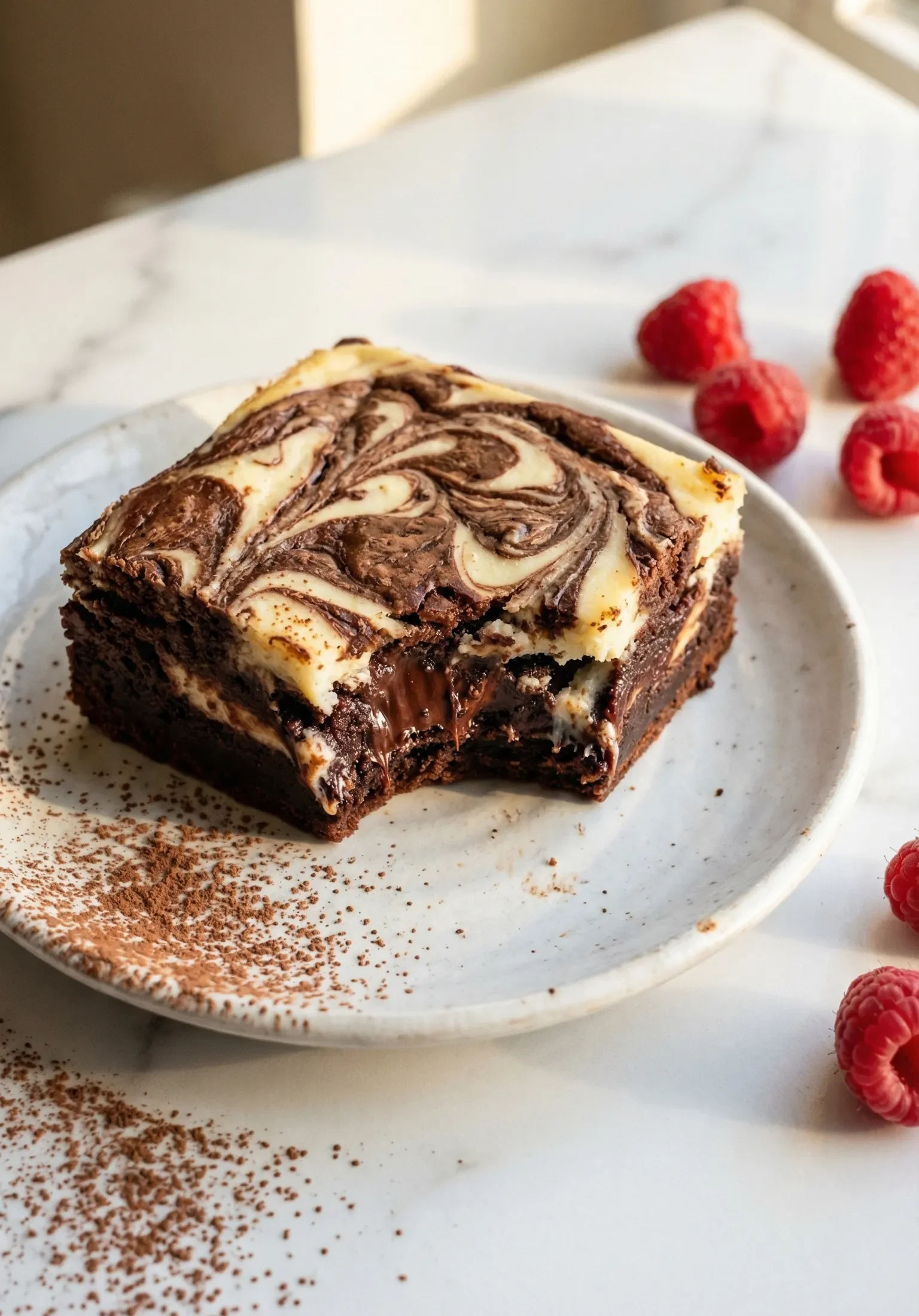 A rich cheesecake brownie square with swirled cream cheese topping on a white plate
