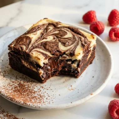A rich cheesecake brownie square with swirled cream cheese topping on a white plate