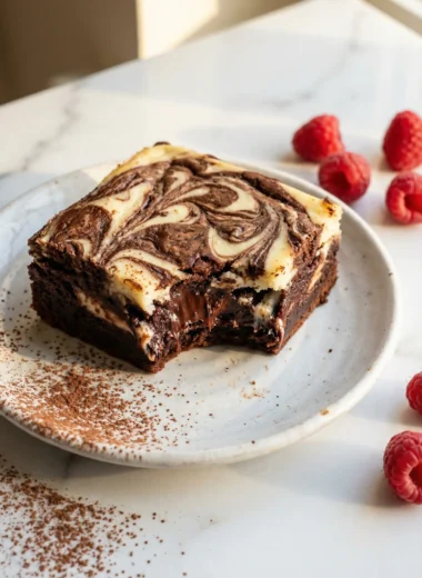 A rich cheesecake brownie square with swirled cream cheese topping on a white plate