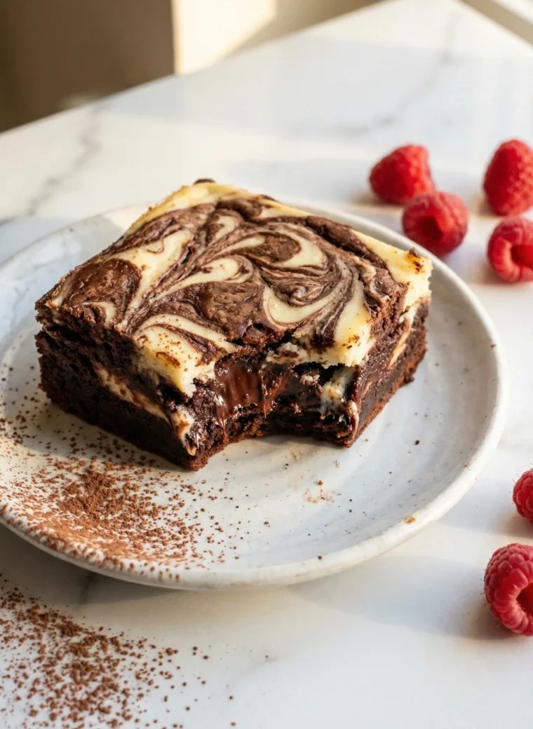 A rich cheesecake brownie square with swirled cream cheese topping on a white plate