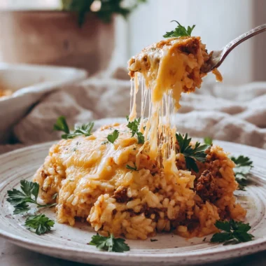 A delicious scoop of cheesy ground beef and rice casserole on a white plate over marble.