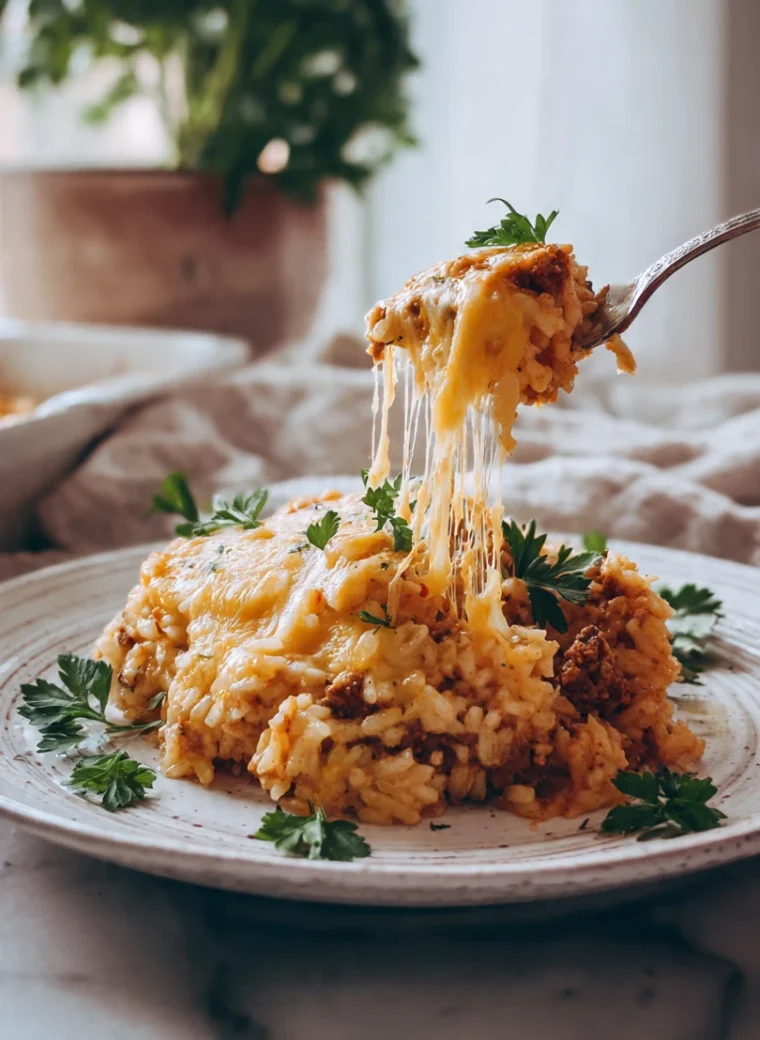 A delicious scoop of cheesy ground beef and rice casserole on a white plate over marble.
