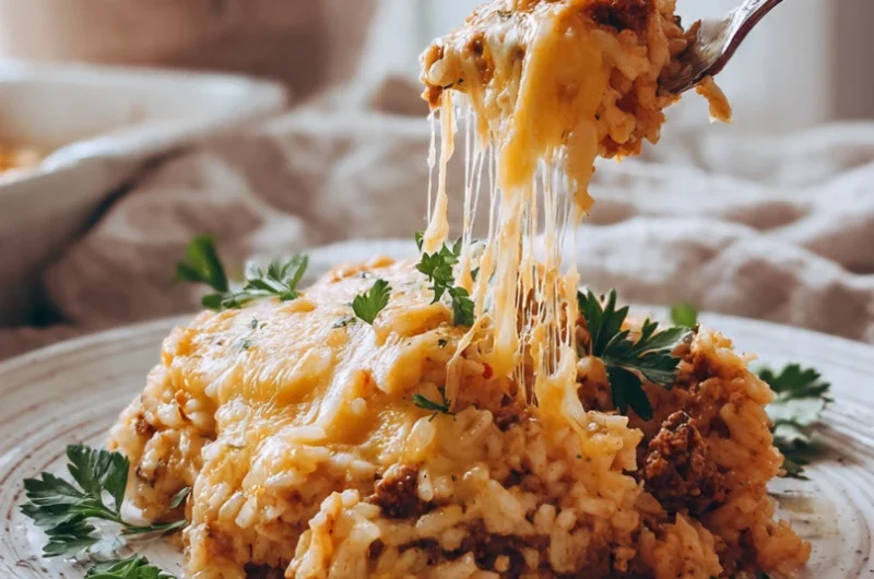 A delicious scoop of cheesy ground beef and rice casserole on a white plate over marble.