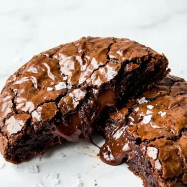 Close up of a stack of fudgy Chocolate Brownie Cookies on a white marble counter.