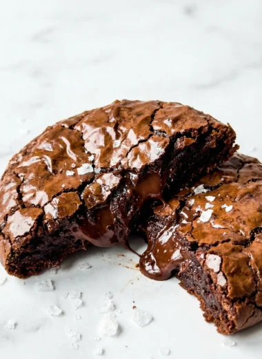 Close up of a stack of fudgy Chocolate Brownie Cookies on a white marble counter.