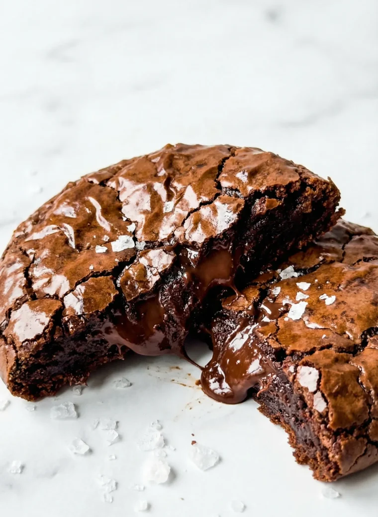 Close up of a stack of fudgy Chocolate Brownie Cookies on a white marble counter.