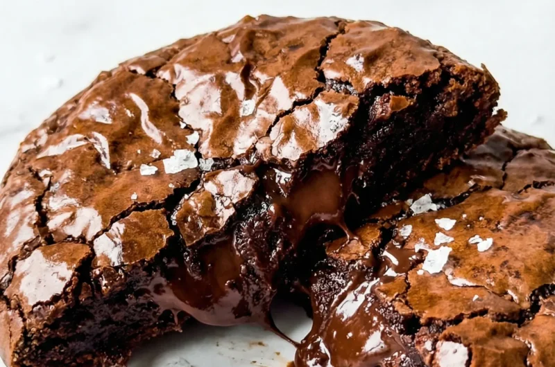 Close up of a stack of fudgy Chocolate Brownie Cookies on a white marble counter.