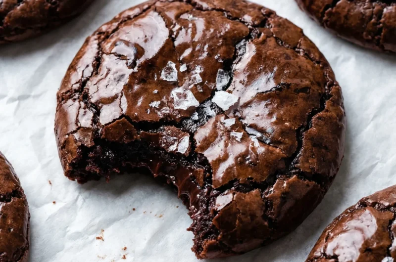 A broken Chocolate Brownie Cookie revealing its gooey, fudgy center and shiny crinkled top.