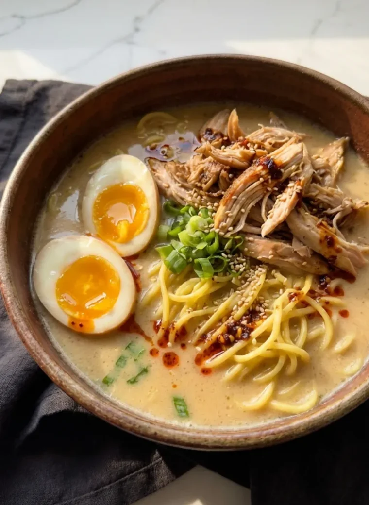 Cooking ramen noodles directly in a simmering creamy garlic miso broth inside a large pot