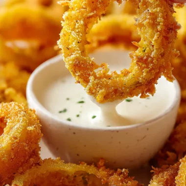 Close up of crispy air-fried banana pepper rings in a white bowl