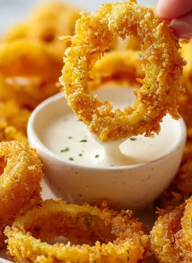 Close up of crispy air-fried banana pepper rings in a white bowl