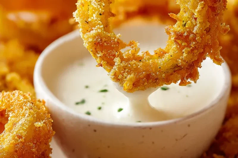 Close up of crispy air-fried banana pepper rings in a white bowl