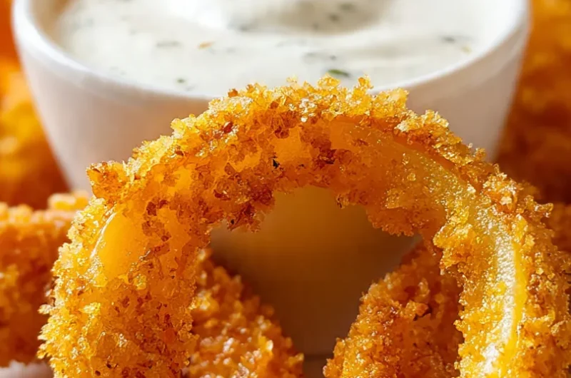 Extreme close up of a crispy air fryer banana pepper ring being dipped in ranch dressing