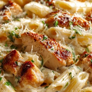 Deep white bowl of creamy garlic Parmesan chicken pasta with golden seared chicken slices, penne in a rich ivory cream sauce, topped with grated Parmesan and fresh parsley