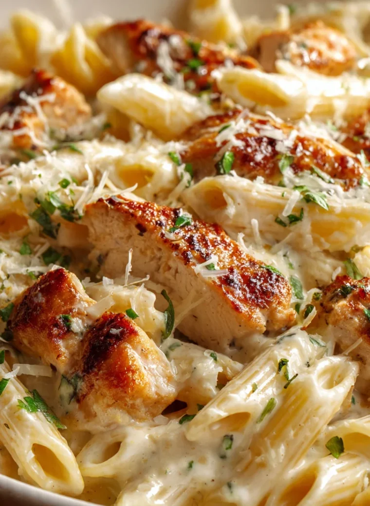 Deep white bowl of creamy garlic Parmesan chicken pasta with golden seared chicken slices, penne in a rich ivory cream sauce, topped with grated Parmesan and fresh parsley