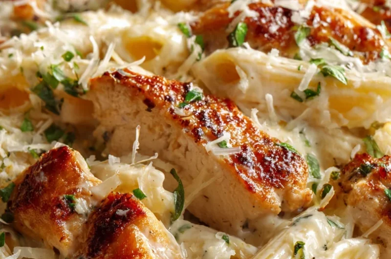 Deep white bowl of creamy garlic Parmesan chicken pasta with golden seared chicken slices, penne in a rich ivory cream sauce, topped with grated Parmesan and fresh parsley
