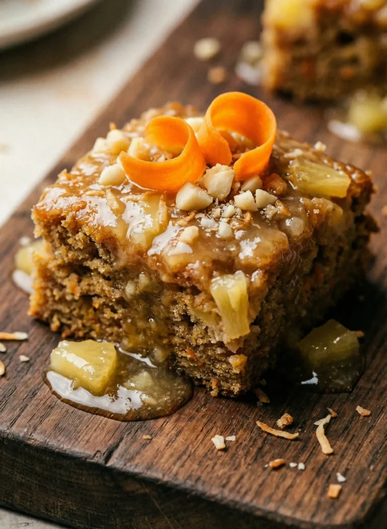 A slice of moist Hawaiian carrot pineapple cake with cream cheese frosting on a white plate.
