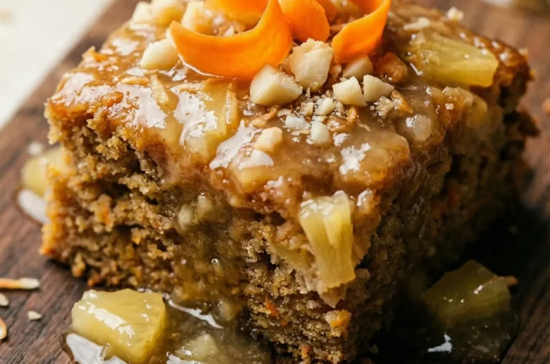 A slice of moist Hawaiian carrot pineapple cake with cream cheese frosting on a white plate.