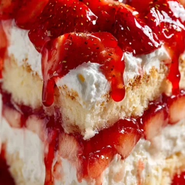 Close-up of a bowl of Heaven on Earth Cake with strawberry filling and Cool Whip layers on white marble.