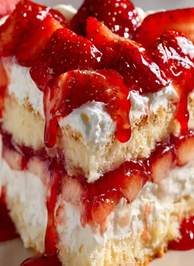 Close-up of a bowl of Heaven on Earth Cake with strawberry filling and Cool Whip layers on white marble.