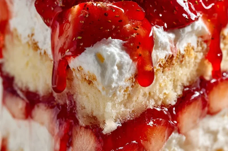 Close-up of a bowl of Heaven on Earth Cake with strawberry filling and Cool Whip layers on white marble.