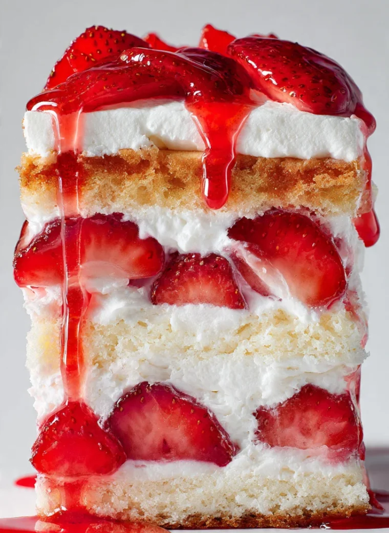 Extreme close-up vertical shot of a scoop of Heaven on Earth Cake showing vivid strawberry, cream cheese pudding, and Cool Whip layers.