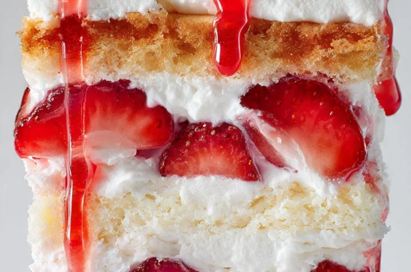 Extreme close-up vertical shot of a scoop of Heaven on Earth Cake showing vivid strawberry, cream cheese pudding, and Cool Whip layers.