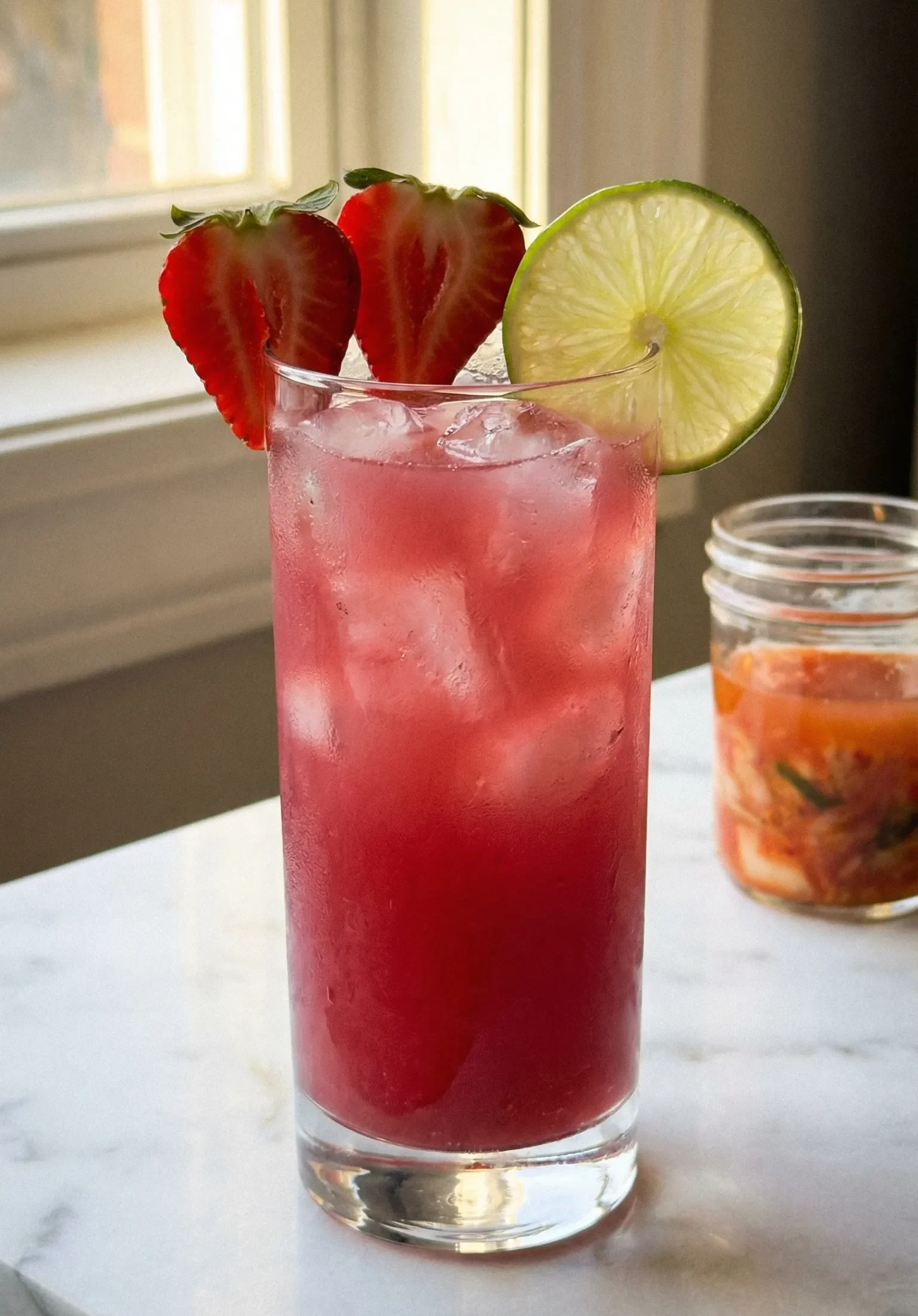Kimchi mocktail in a tall glass with fresh strawberries and lime on white marble