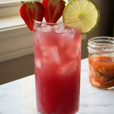 Kimchi mocktail in a tall glass with fresh strawberries and lime on white marble